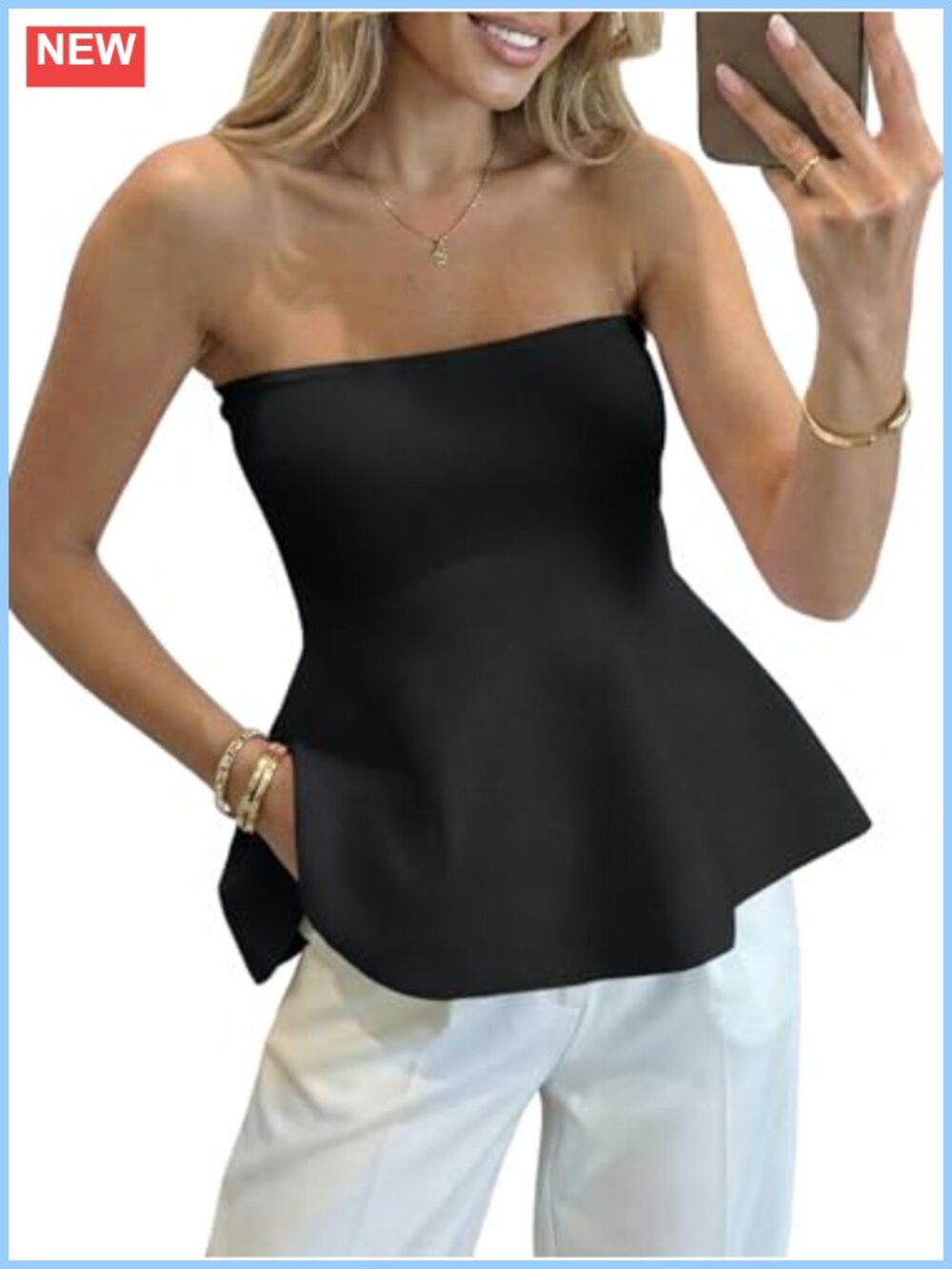 Saodimallsu Womens Strapless Peplum Tube Top Ruffle Knit Summer Vest